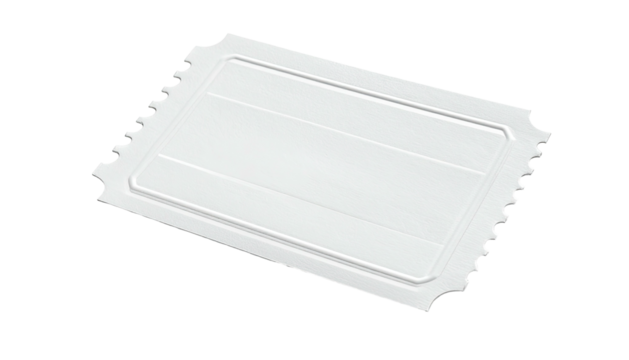 A blank white paper ticket isolated against a black background. Includes pre-scored lines and edges
