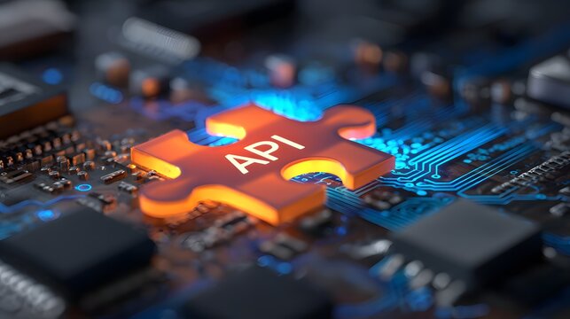 Glowing connector piece signifies essential integration on a digital circuit board