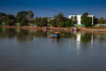 Boats on a river. View of the Sinu River at the Monteria City in Colombia