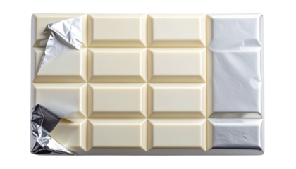Overhead shot of a partially unwrapped white chocolate bar on a black background