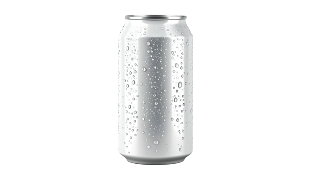 A refreshing, metallic beverage can, covered in condensation, on a sleek black background