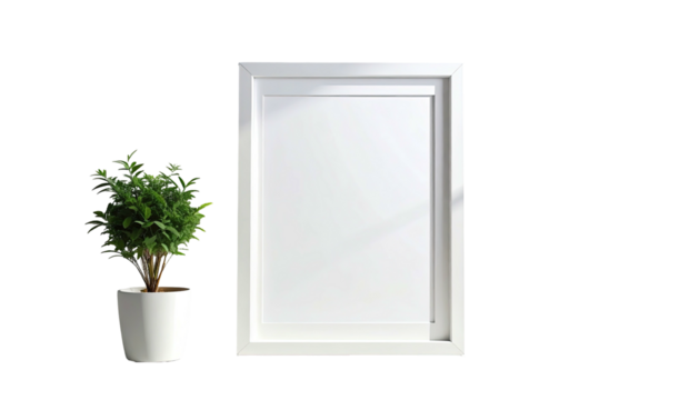 A blank white picture frame stands beside a small potted plant against a stark black background - Powered by Adobe