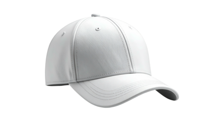 A pristine white baseball cap, isolated on a transparent background, perfect for mockup use