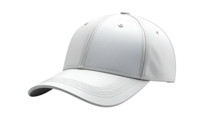 Plain white baseball cap on a stark black background, showcasing its curved bill and adjustable fit