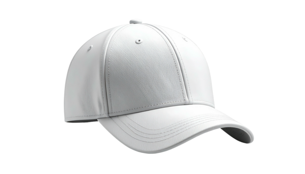 A pristine white baseball cap, isolated on a transparent background, perfect for mockup use