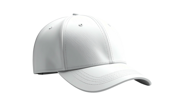 Rendered white baseball cap with curved visor, showcasing its shape on a black background