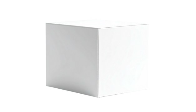 A three-dimensional shape, a white cube, against a stark black background. Simple, geometric form