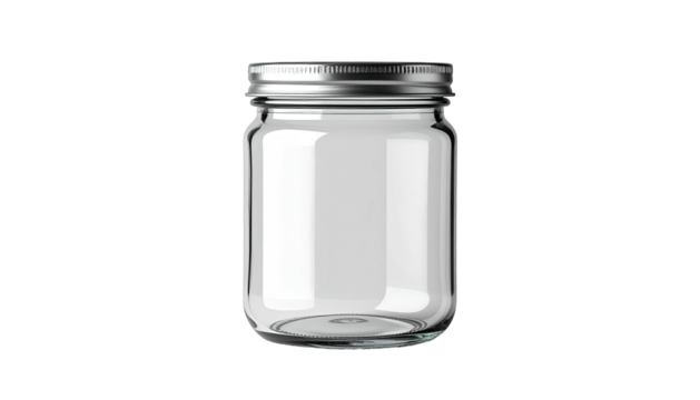 A realistic, transparent, empty glass jar with a metallic lid on a black backdrop