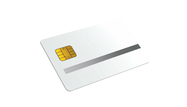 A white rectangular card with a gold chip, magnetic stripe, and rounded corners, on black background