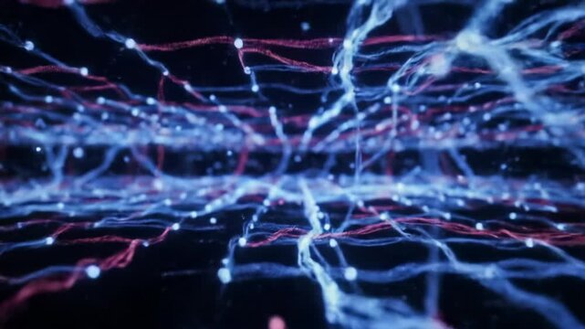 An ultra-high definition video of a vast, intelligent ai neural network with pulsating blue, red, and purple luminous nodes and flowing light trails in a dark abstract digital space, utilizing - Powered by Adobe