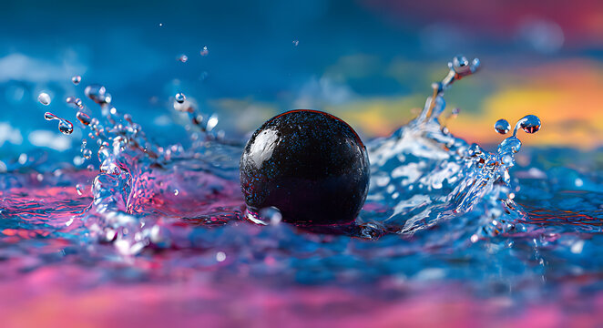 A black sphere is surrounded by colorful water splase