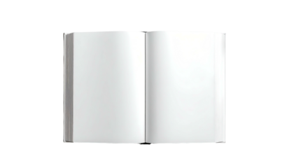 An open book, revealing pristine, white pages within a thick, textured cover. Isolated on a black backdrop