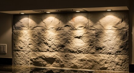 Modern kitchen backsplash with dramatic accent lighting highlighting textured stone wall