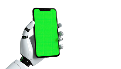 A robotic hand holding a smartphone with a vibrant green screen against a black background