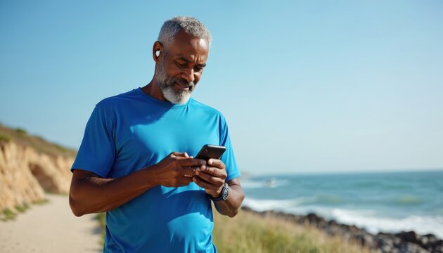 Active senior man uses smartphone listening to music in wireless earbuds. Older black male runner takes break during morning jog at ocean. Healthy mature person enjoys sport tech, fresh air on sunny
