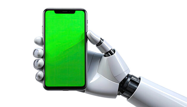 Artificial robotic arm holding a modern smartphone with a bright green screen