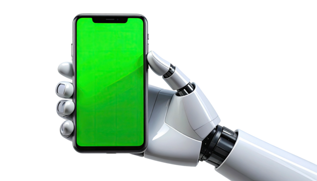 Artificial robotic arm holding a modern smartphone with a bright green screen