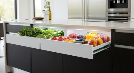Fresh vibrant produce neatly organized in modern kitchen drawers for healthy living and culinary inspiration