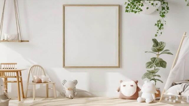 A cosy children's corner with wooden furniture, toys and empty space for a picture frame, creating an atmosphere of warmth and comfort. Suitable for articles on interior design, parenting, organising 