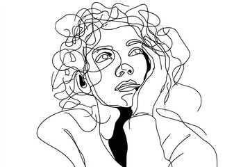 Continuous one-line drawing of a confused woman worried about mental health. Problems, failure, stress, sadness, heartbreak and depression concept in doodle style on transparent background.