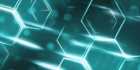 Glowing geometric hexagon shapes form an abstract digital background with bright light streaks