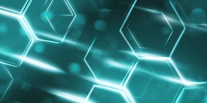 Glowing geometric hexagon shapes form an abstract digital background with bright light streaks