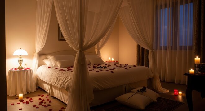 Romantic bedroom with rose petals and candles creates a dreamy, intimate atmosphere for special moments