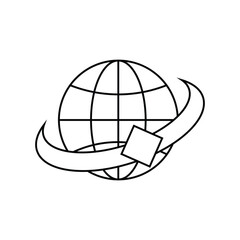 globe icon with orbit arrow and satellite square in black outline style.