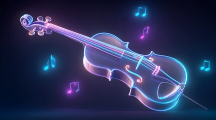 Glowing musical instrument outline hovers amidst floating bright notes against a dark background
