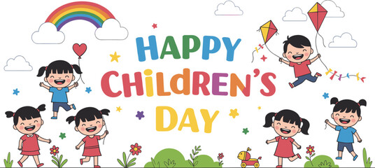 happy children’s day, cartoon kids celebration, kite balloon scene, rainbow background sketch, playful outfit template, festive illustration, childhood joy, greeting card
