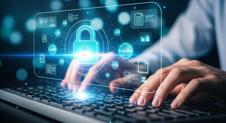 Cybersecurity concept: Person typing on a keyboard with a digital lock overlay.