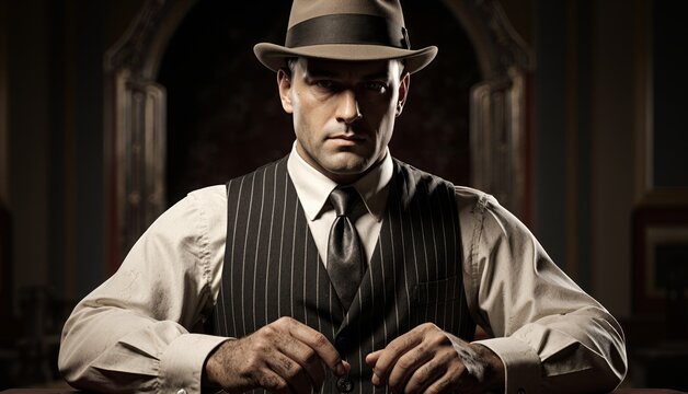 Mysterious man in vintage attire sitting at a table with a serious expression Generative AI