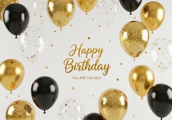 Celebratory arrangement of black and gold balloons with confetti and happy birthday text isolated on white background