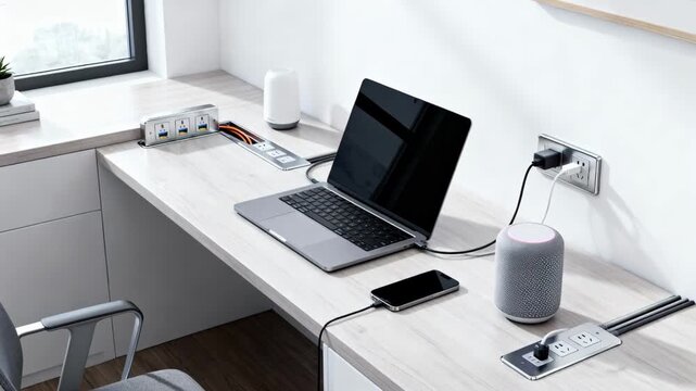 Professional integrates Ethernet ports into a modern home office setup ensuring seamless connectivity for smart gadgets.