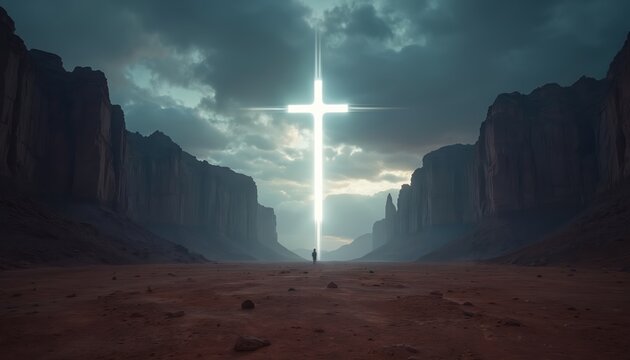 Lone human silhouette walks through vast desert canyon towards huge glowing cross in sky. Christian symbol shines bright divine light over dramatic rocky landscape. Represents spiritual journey of