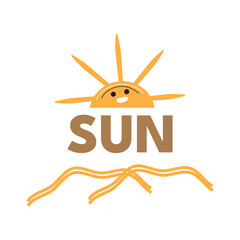 Smiling cartoon sun with rays and the word sun