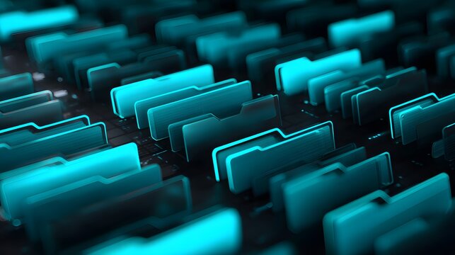 Rows of glowing digital file folders suggest massive data organization and storage systems