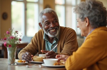 Happy black senior man, woman talk eating lunch in bright room. Share meal together, smiling, enjoying others company. Scene captures intergenerational connection, friendship. Residents fun.