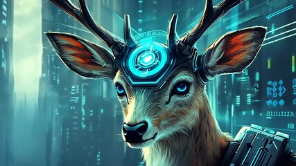 Cybernetic Deer in Neo-Futuristic Metropolis: A Fusion of Nature and Technology