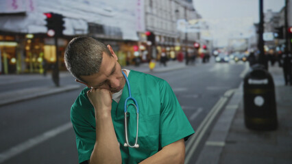 Man wearing a doctor uniform with a stethoscope stands outdoors in a busy urban street setting, looking contemplative.