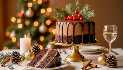 Torta di cioccolato natalizia con decorazioni festive