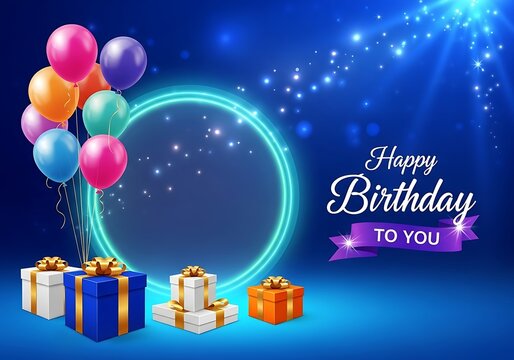 Festive birthday celebration with colorful balloons gift boxes and glowing neon circle isolated on white background