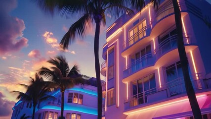 The hotel, illuminated by neon lights at sunset among palm trees, creates an atmosphere of luxury and relaxation. Ideal for advertising resorts, travel agencies, travel articles and interior design.
