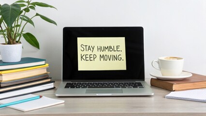 Laptop displaying Stay Humble Keep Moving motivational message