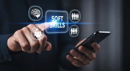 Professional Soft Skills: Hand Holding Smartphone with 'SOFT SKILLS' Text Surrounded by Icons for Teamwork, Communication, and Emotional Intelligence
