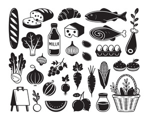 Farmers market harvest grocery & produce silhouette vector icon set