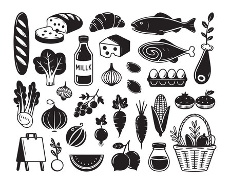 Farmers market harvest grocery & produce silhouette vector icon set
