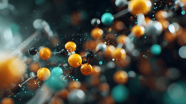 Three dimensional rendering depicts a complex molecular structure with vibrant colored spheres connected by thin linkages