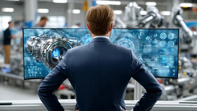 Vision of Engineering: A distinguished leader in a modern manufacturing setting, engrossed in the intricacy of cutting-edge technology and sophisticated machinery.