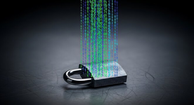 Dynamic Photo of Heavy-Duty Padlock on Metallic Surface Protected by Green Blue Binary Code Matrix - Cybersecurity Concept